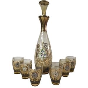 Czech Bohemian Decanter 6 Cordial Glasses Set Hand Painted Amber Gold Trim